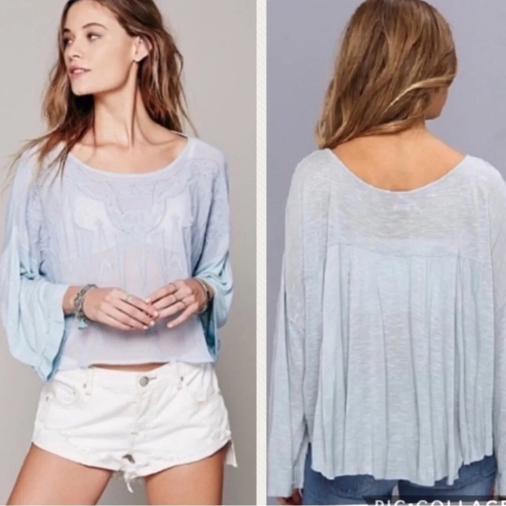 Free People Pandora Slate Blue Embroidered Sheer Blouse, Size Medium